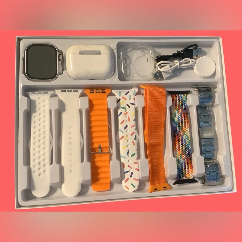 Gold Smartwatch, White Earphones 10-in-1 Set, multiple bands. 49MM aluminum case